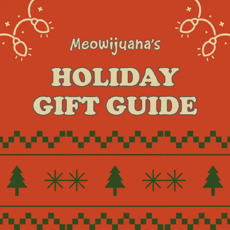 Meowijuana's festive holiday gift guide features cheerful decorations with trees, snowflakes, and a playful cat motif.