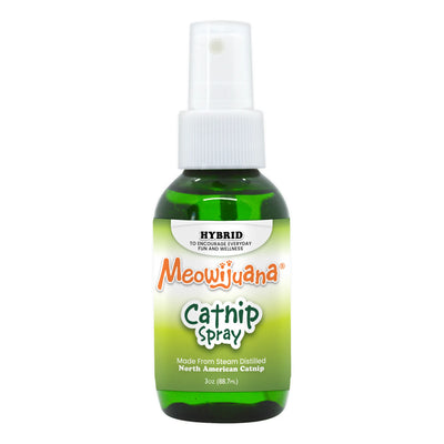 Green Meowijuana Catnip Spray bottle labeled with "Hybrid" and "Made from steam distilled North American catnip."