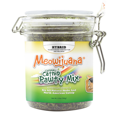 Meowijuana Catnip Pawty Mix jar featuring a premium blend of six herbs and North American catnip for everyday wellness.