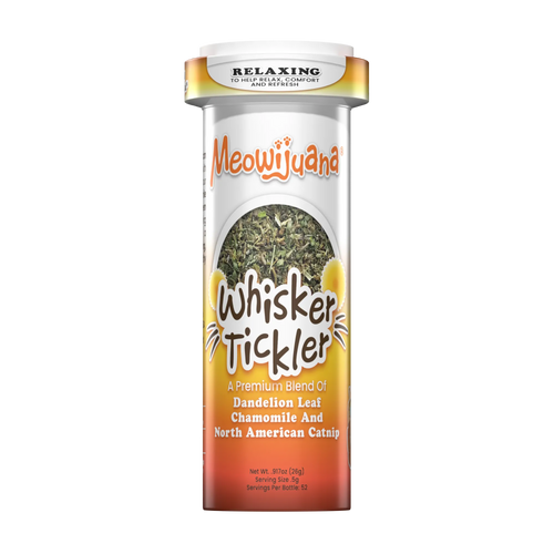 Meowijuana Whisker Tickler container showcasing a blend of dandelion leaf, chamomile, and North American catnip.