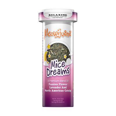 Mice Dreams catnip blend in a pill bottle-style container with calming ingredients like passion flower and lavender.