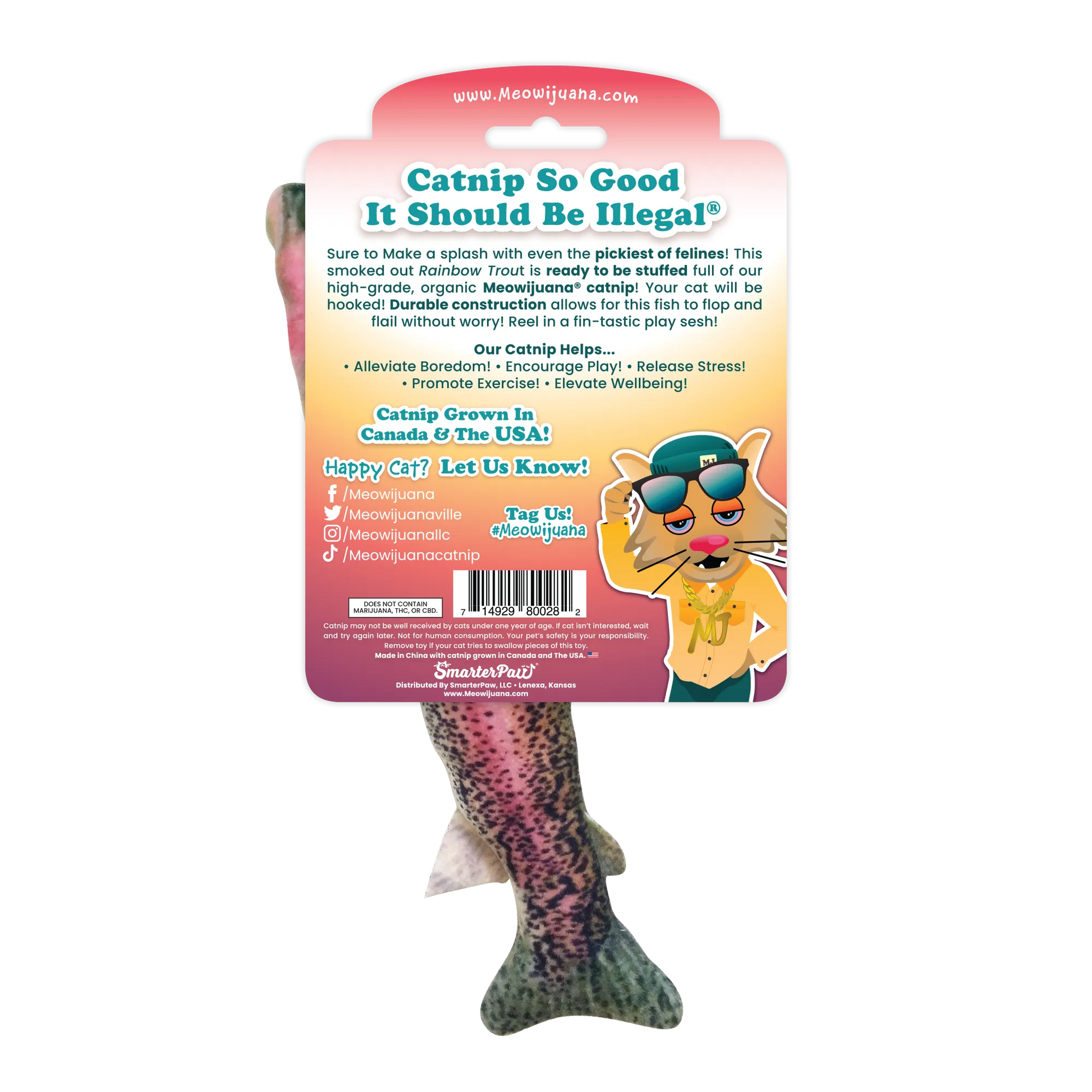 Back of the "Get Smoked" packaging, detailing catnip benefits and a fun design with social media tags.