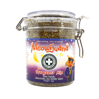 Meowijuana Stargazer Mix jar with rose petals, chamomile, and catnip for a calming nighttime experience for cats.