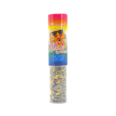 Colorful container of MJ's Rainbow Sprinkles with a cat graphic and product label for cat food toppers.