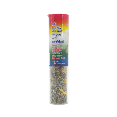 Side view of MJ's Rainbow Sprinkles container with text promoting variety and love in cat meals.