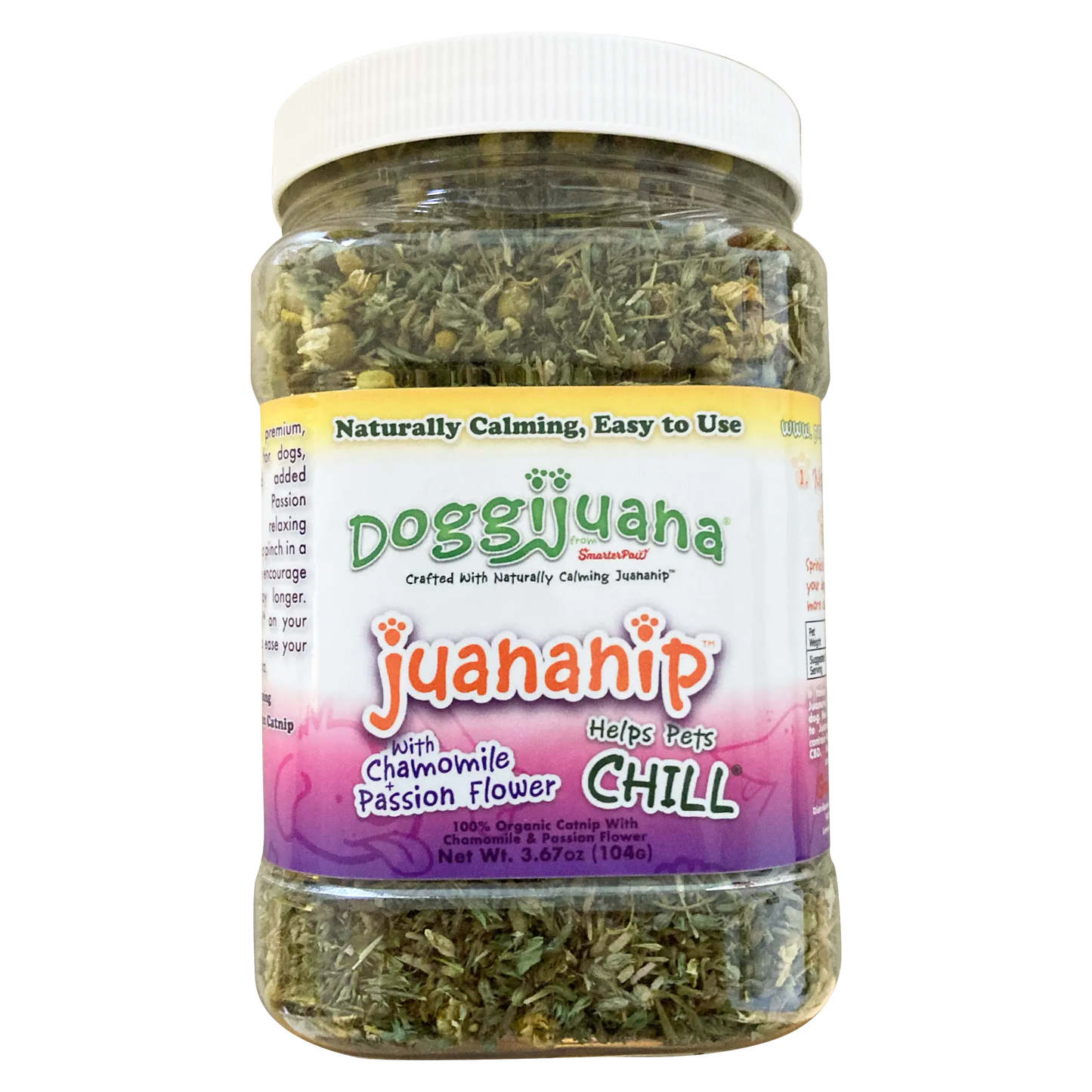 Jar of Doggijuana® Juananip® with chamomile and passion flower, designed to help pets chill and stay naturally calm.