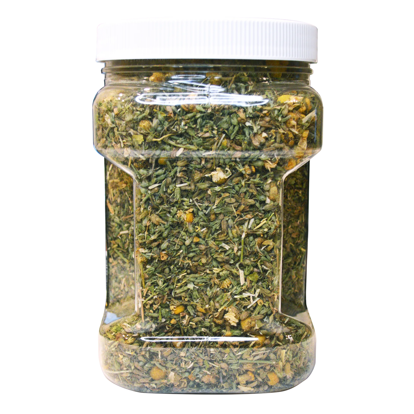 Side view of a jar of Doggijuana® Juananip® showing the chamomile and passion flower blend for calming pets.