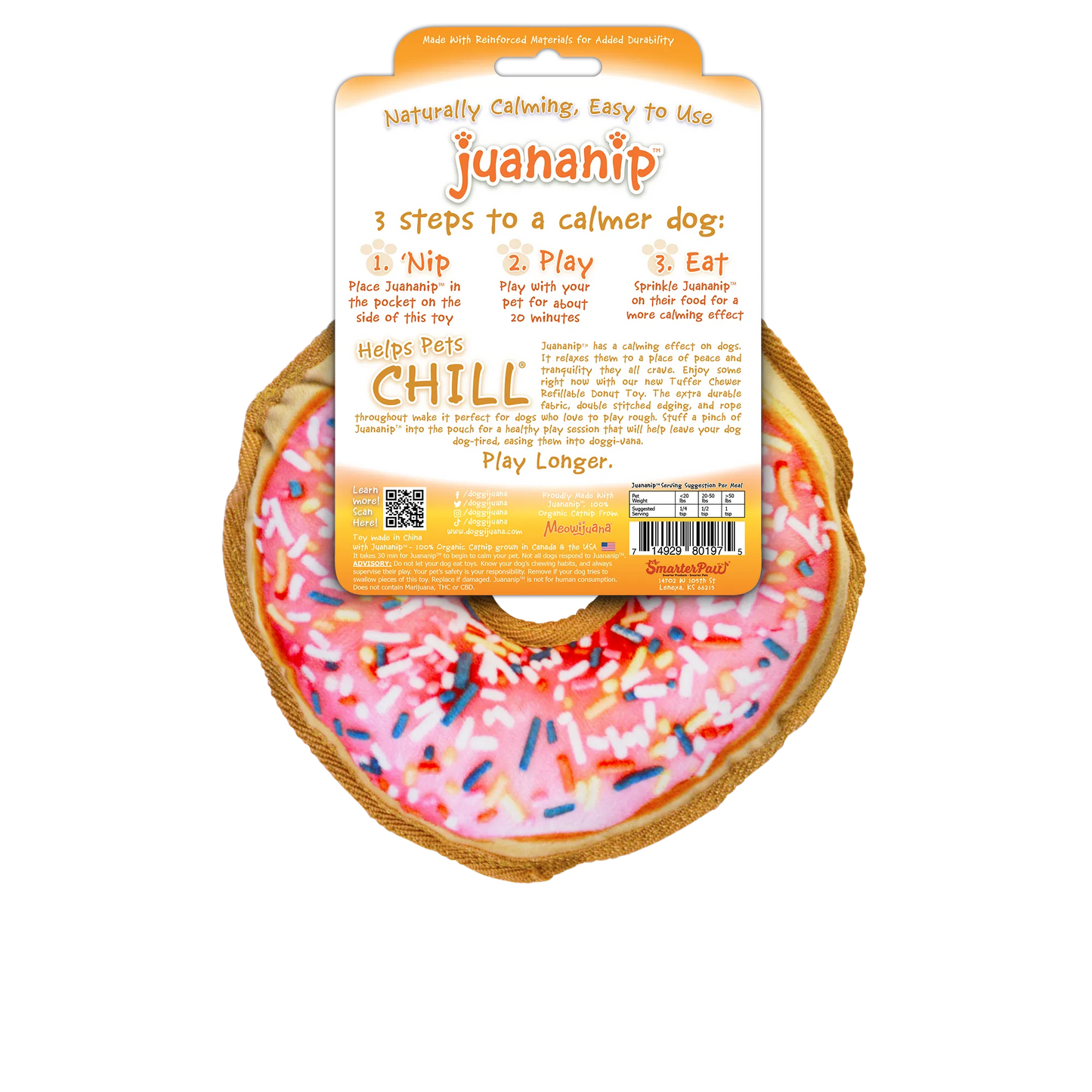 Back of the donut-shaped toy packaging showing Juananip use instructions, enhancing playtime with its calming effects for dogs of all sizes.