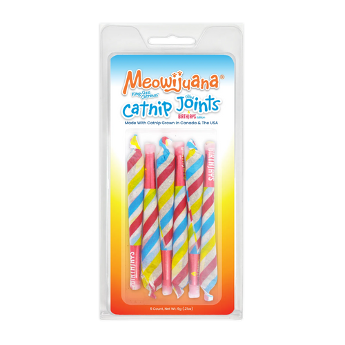Catnip toy joints in a colorful birthday-themed package.