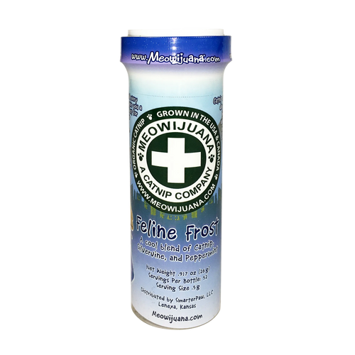 Meowijuana Feline Frost catnip container featuring a blend of catnip, silvervine, and peppermint for dynamic feline fun.