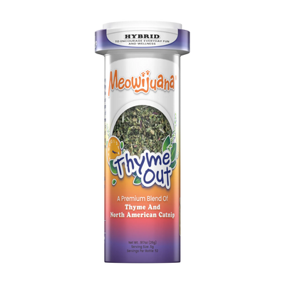 Meowijuana Thyme Out catnip container featuring a blend of thyme and North American catnip for feline enjoyment.