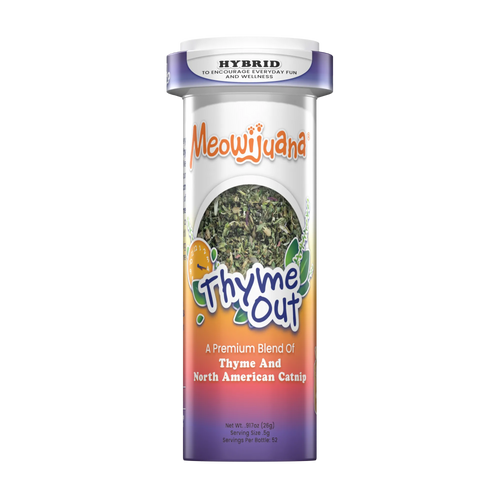 Meowijuana Thyme Out catnip container featuring a blend of thyme and North American catnip for feline enjoyment.