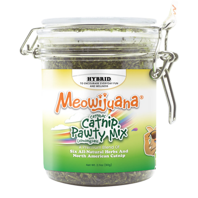 Meowijuana Catnip Pawty Mix jar with hybrid blend label.
