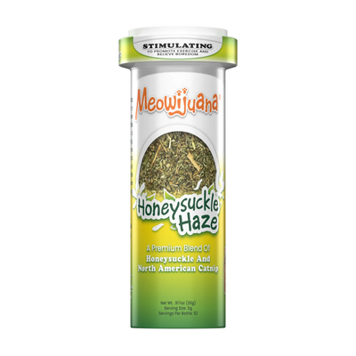 Meowijuana Honeysuckle Haze catnip bottle featuring a blend of honeysuckle and North American catnip.