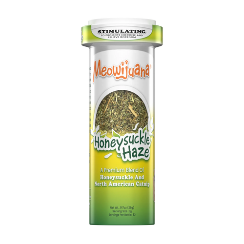 Meowijuana Honeysuckle Haze catnip bottle featuring a blend of honeysuckle and North American catnip.