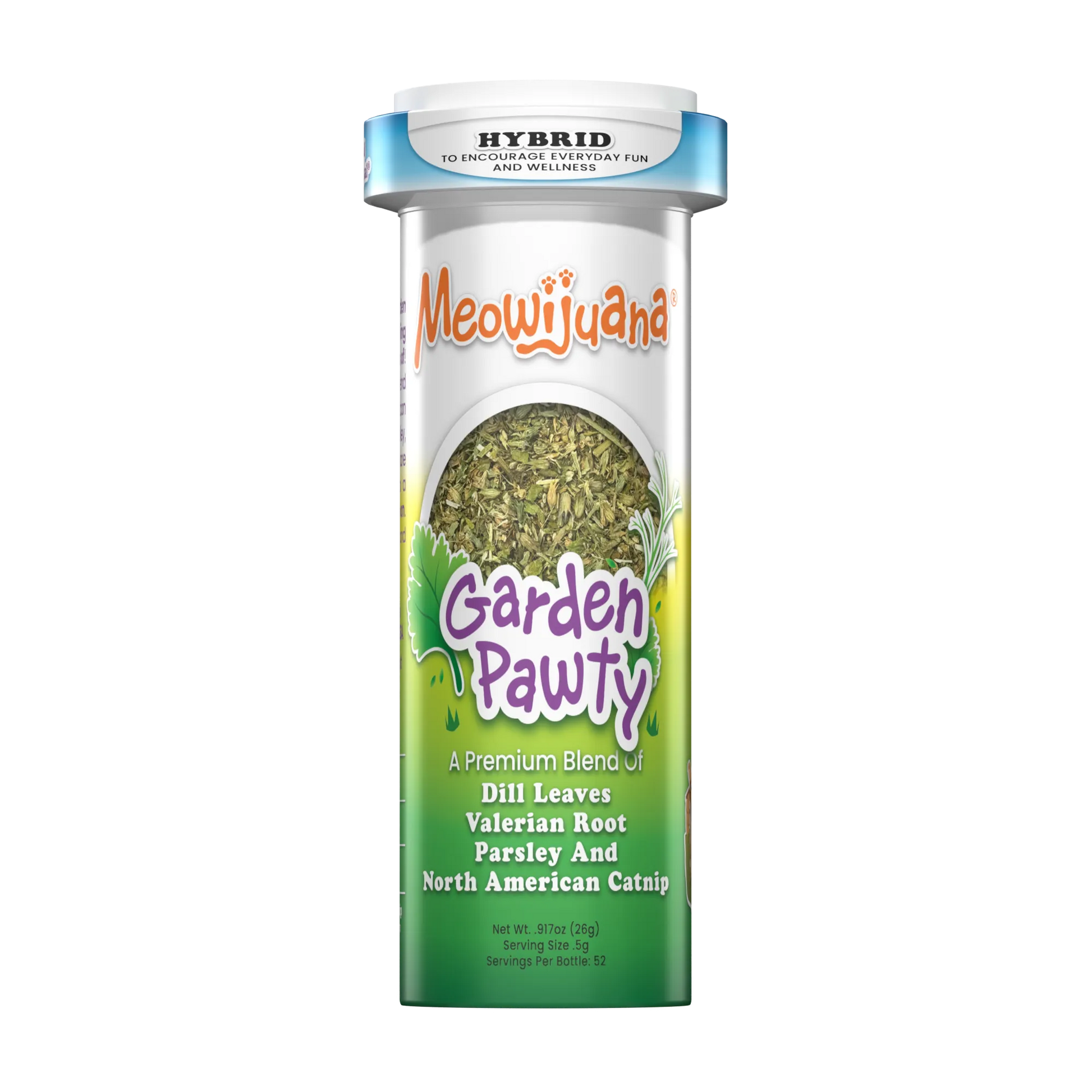 Catnip blend in a can labeled "Garden Pawty" with ingredients listed.