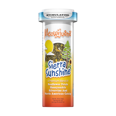 Meowijuana Sierra Sunshine catnip container with a blend of sunflower petals, honeysuckle, silvervine, and catnip.