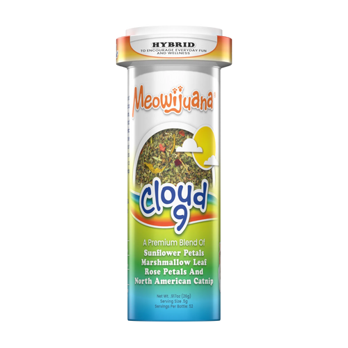Packaging for Meowijuana Cloud 9, a catnip blend.