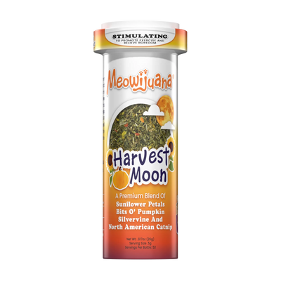 Meowijuana Harvest Moon catnip bottle featuring a blend of sunflower petals, pumpkin bits, silvervine, and North American catnip.