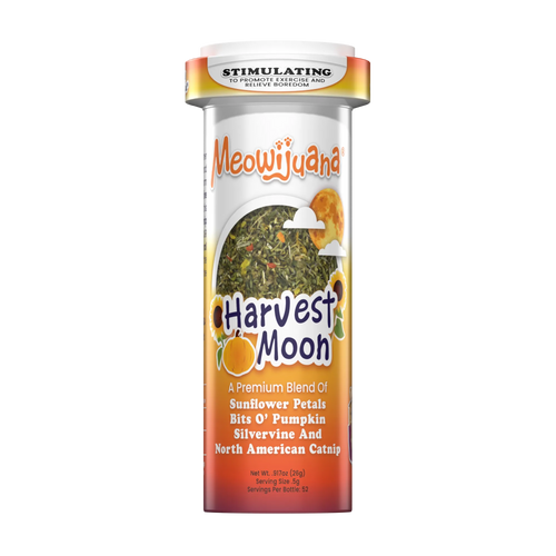 Meowijuana Harvest Moon catnip bottle featuring a blend of sunflower petals, pumpkin bits, silvervine, and North American catnip.