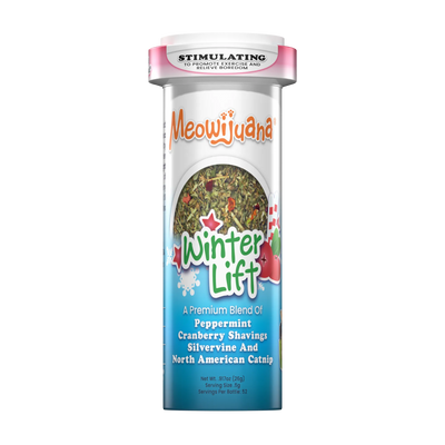 Meowijuana Winter Lift catnip blend tube, featuring peppermint, cranberry shavings, silvervine, and catnip.