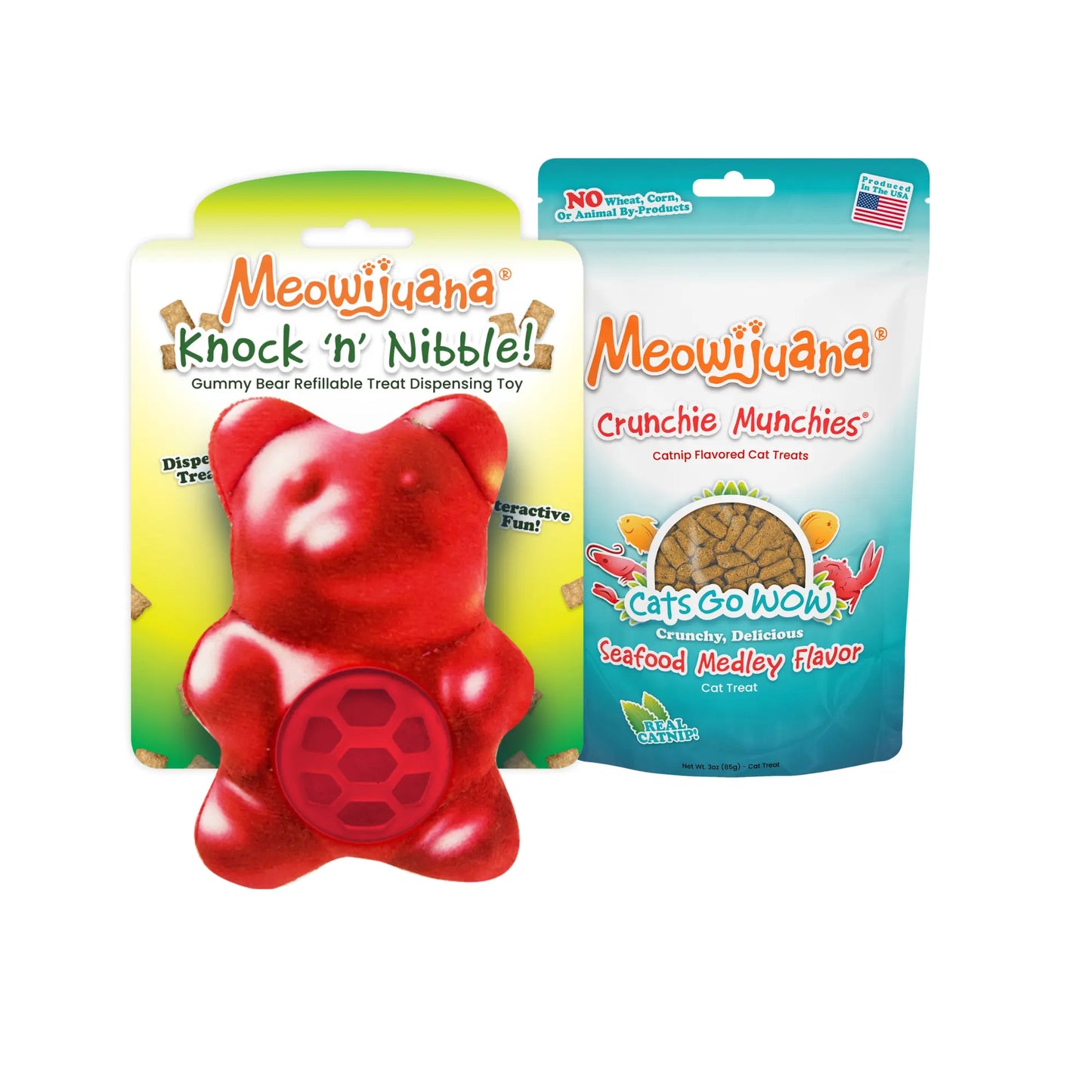 Colorful gummy bear-shaped cat toy beside a bag of Meowijuana® Crunchie Munchie® Seafood Treats, perfect for interactive feline play