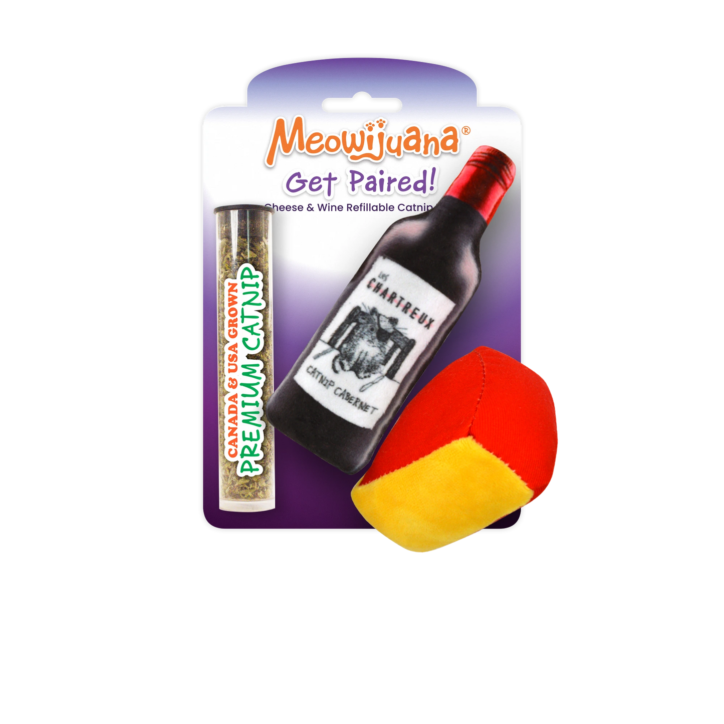 Meowijuana Get Paired! – refillable wine bottle and cheese wedge catnip toys for cats. Comes with premium catnip. The purrfect pairing!