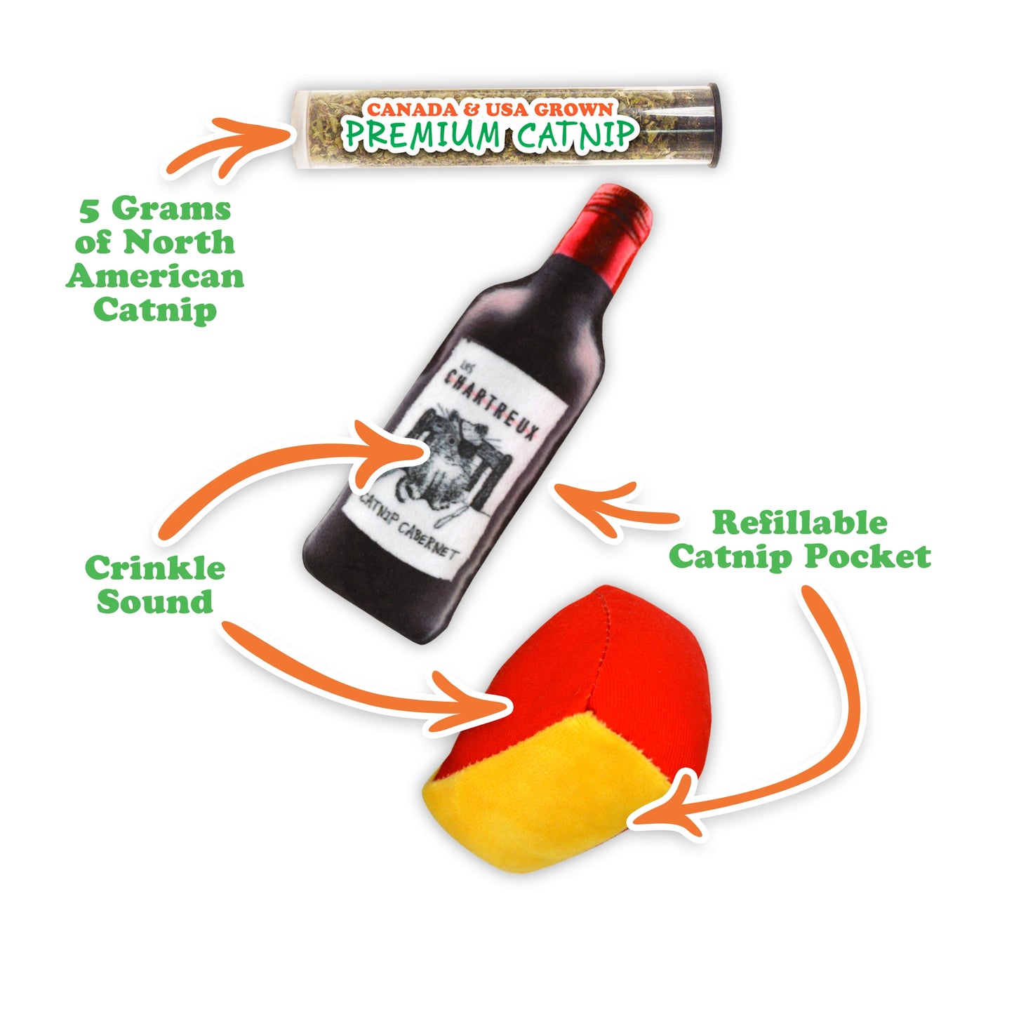 Meowijuana Get Paired! – refillable wine bottle and cheese wedge catnip toys for cats. Comes with premium catnip. The purrfect pairing!