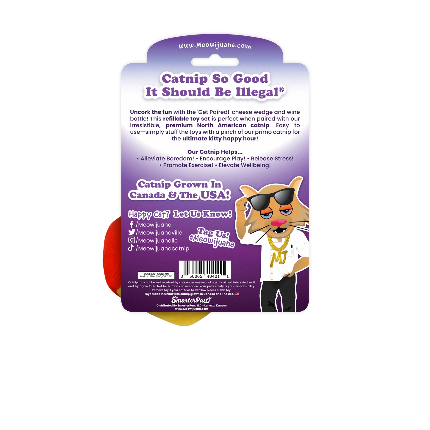Meowijuana Get Paired! – refillable wine bottle and cheese wedge catnip toys for cats. Comes with premium catnip. The purrfect pairing!