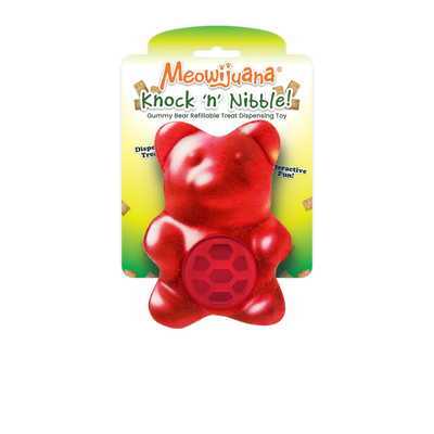 Meowijuana Knock 'n' Nibble Gummy Bear – plush treat-dispensing toy for cats. Soft, refillable fun that rewards play with tasty surprises!