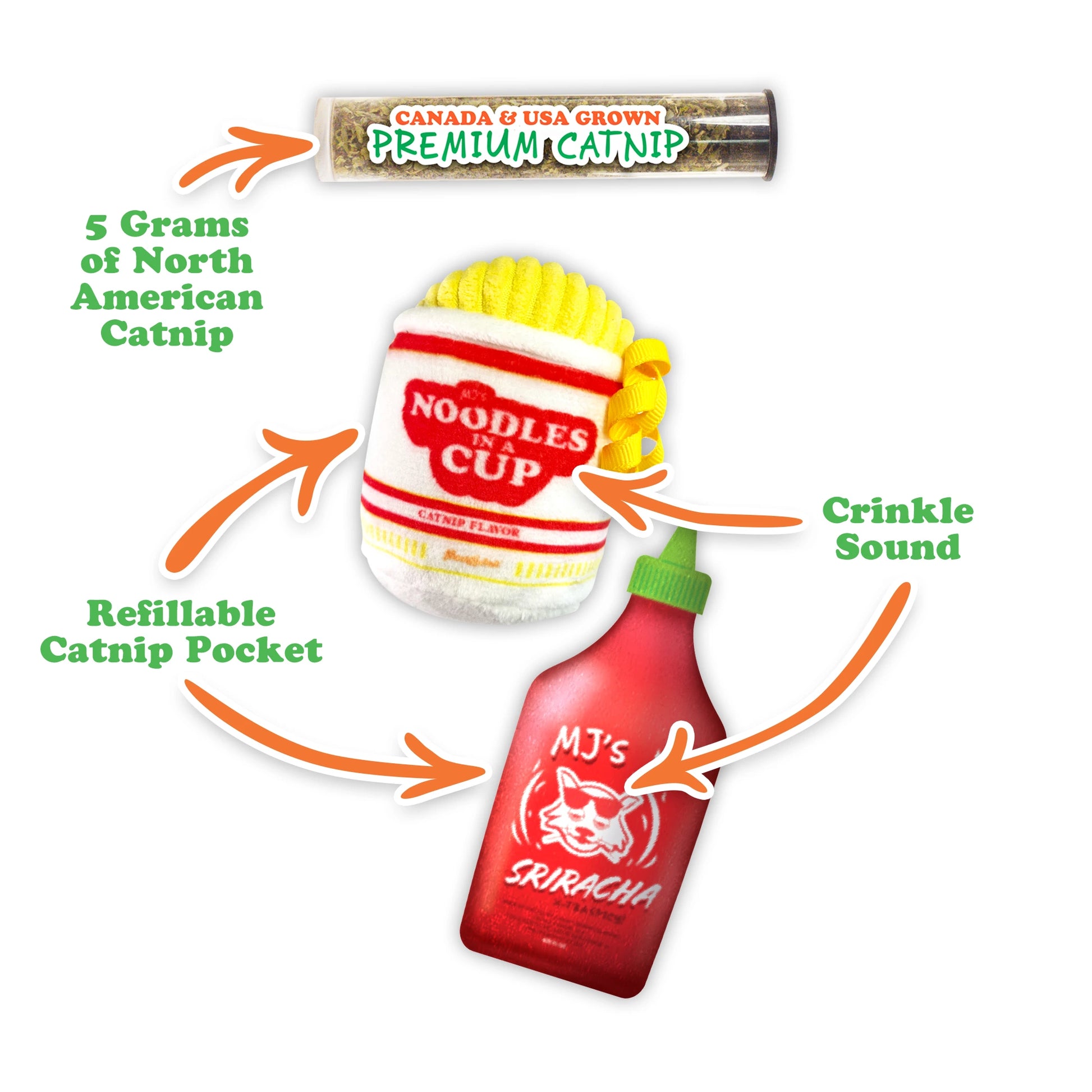Meowijuana Get Noodly! – noodle cup and sriracha catnip toy set. Refillable plush toys with premium catnip for spicy and silly feline fun.