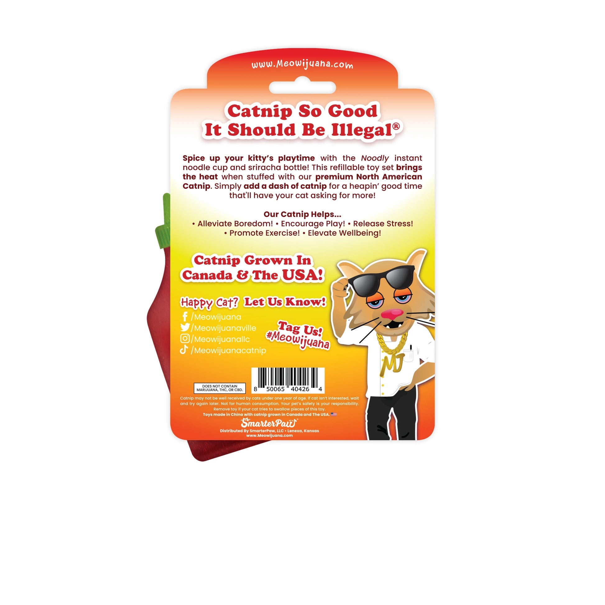 Meowijuana Get Noodly! – noodle cup and sriracha catnip toy set. Refillable plush toys with premium catnip for spicy and silly feline fun.