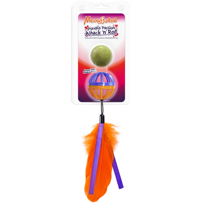Meowijuana Purrple Passion Whack 'n' Roll – cage ball wand toy with silvervine and catnip ball, feathers, and ribbons. Great for picky cats!