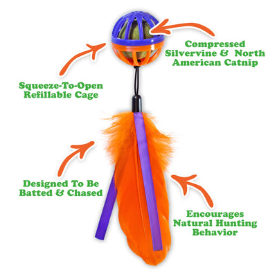 Meowijuana Purrple Passion Whack 'n' Roll – cage ball wand toy with silvervine and catnip ball, feathers, and ribbons. Great for picky cats!