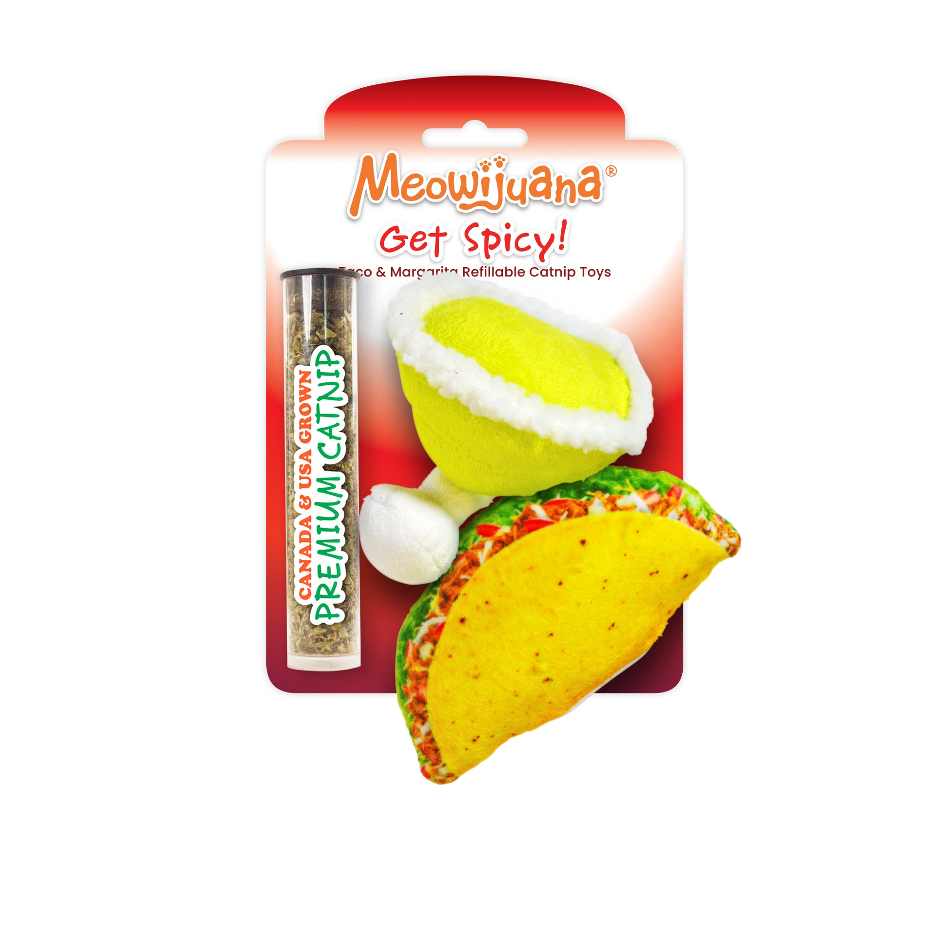 Meowijuana Get Spicy! – refillable taco and margarita catnip toy set. Comes with premium catnip. Fiesta fun for your feisty feline!
