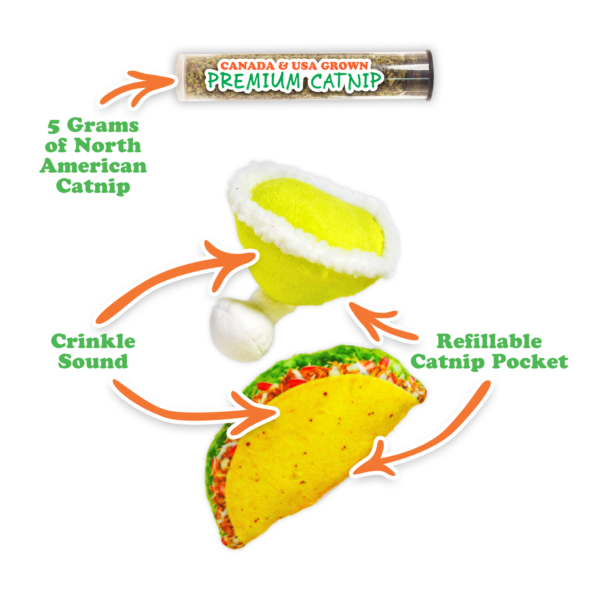 Meowijuana Get Spicy! – refillable taco and margarita catnip toy set. Comes with premium catnip. Fiesta fun for your feisty feline!