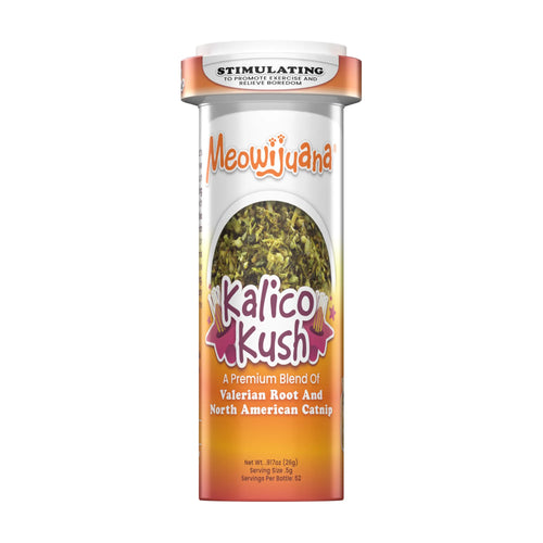 Meowijuana Kalico Kush catnip bottle featuring a premium blend of valerian root and North American catnip.