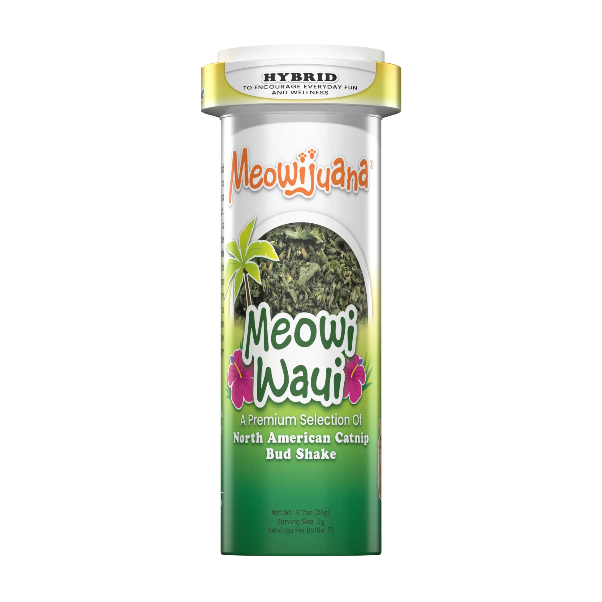 Meowi-Waui catnip product in a pill bottle-style container, labeled as a premium North American catnip bud shake.