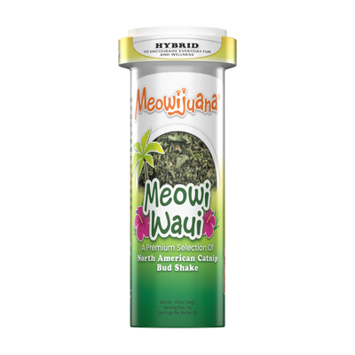 Meowi-Waui catnip product in a pill bottle-style container, labeled as a premium North American catnip bud shake.