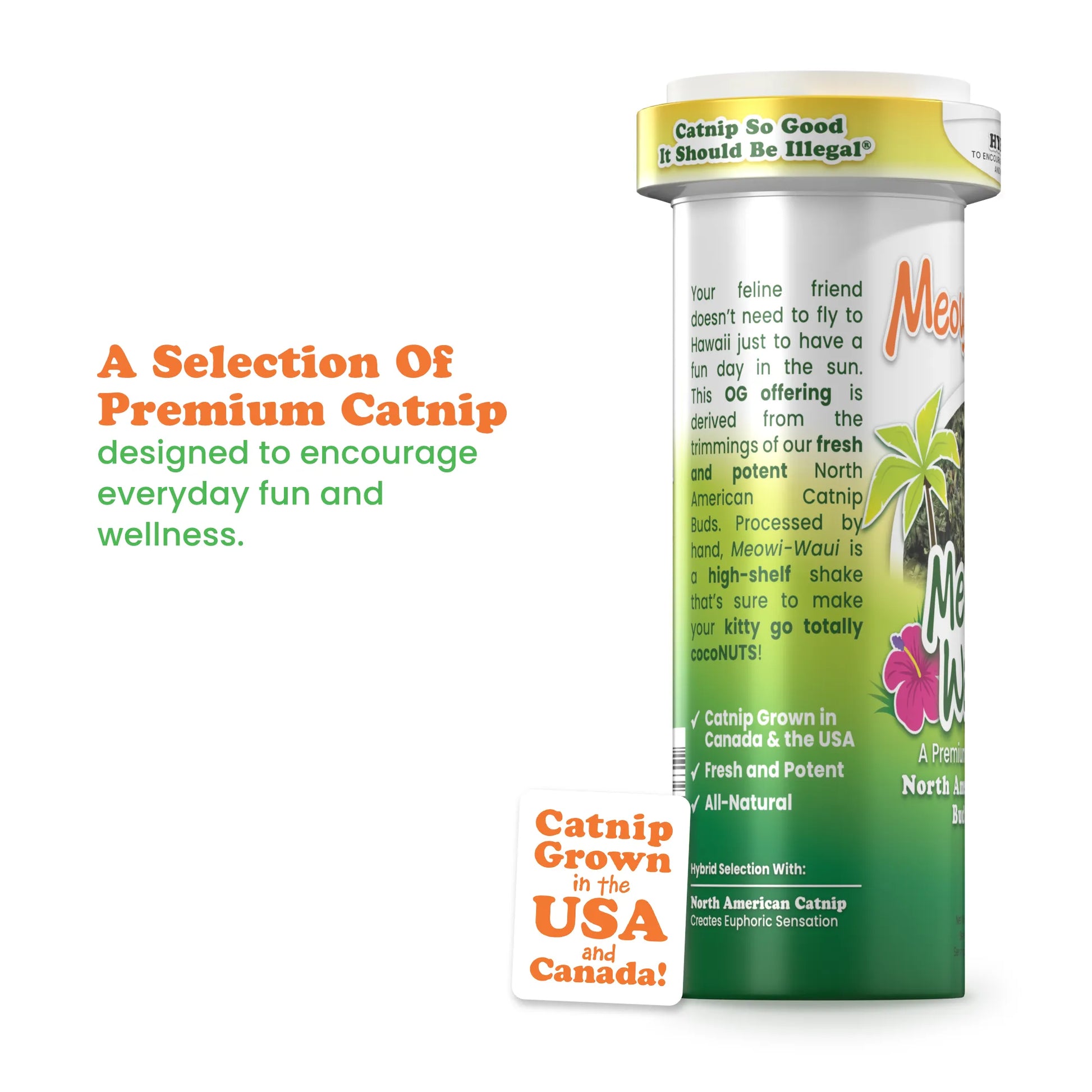 Side view of Meowi-Waui catnip container highlighting the premium catnip grown in the USA and Canada for wellness.