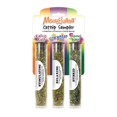 Packaging of a catnip sampler with three varieties: Kalico Kush, Stargazer Mix, Meowi Wawi.