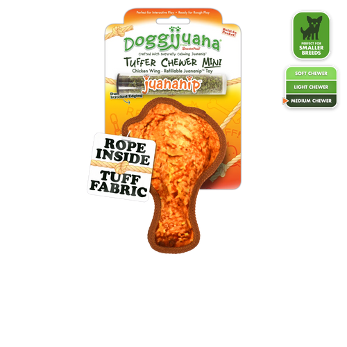 Doggijuana® Tuffer Chewer Mini chicken wing toy with refillable Juananip® pocket and durable rope inside for smaller breeds.