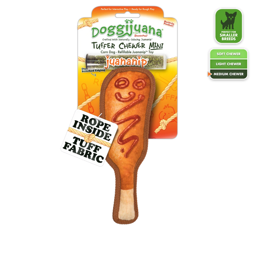 Doggijuana Tuffer Chewer Mini Corn Dog toy with Juananip tube; features rope core, squeaker, and refillable pocket.