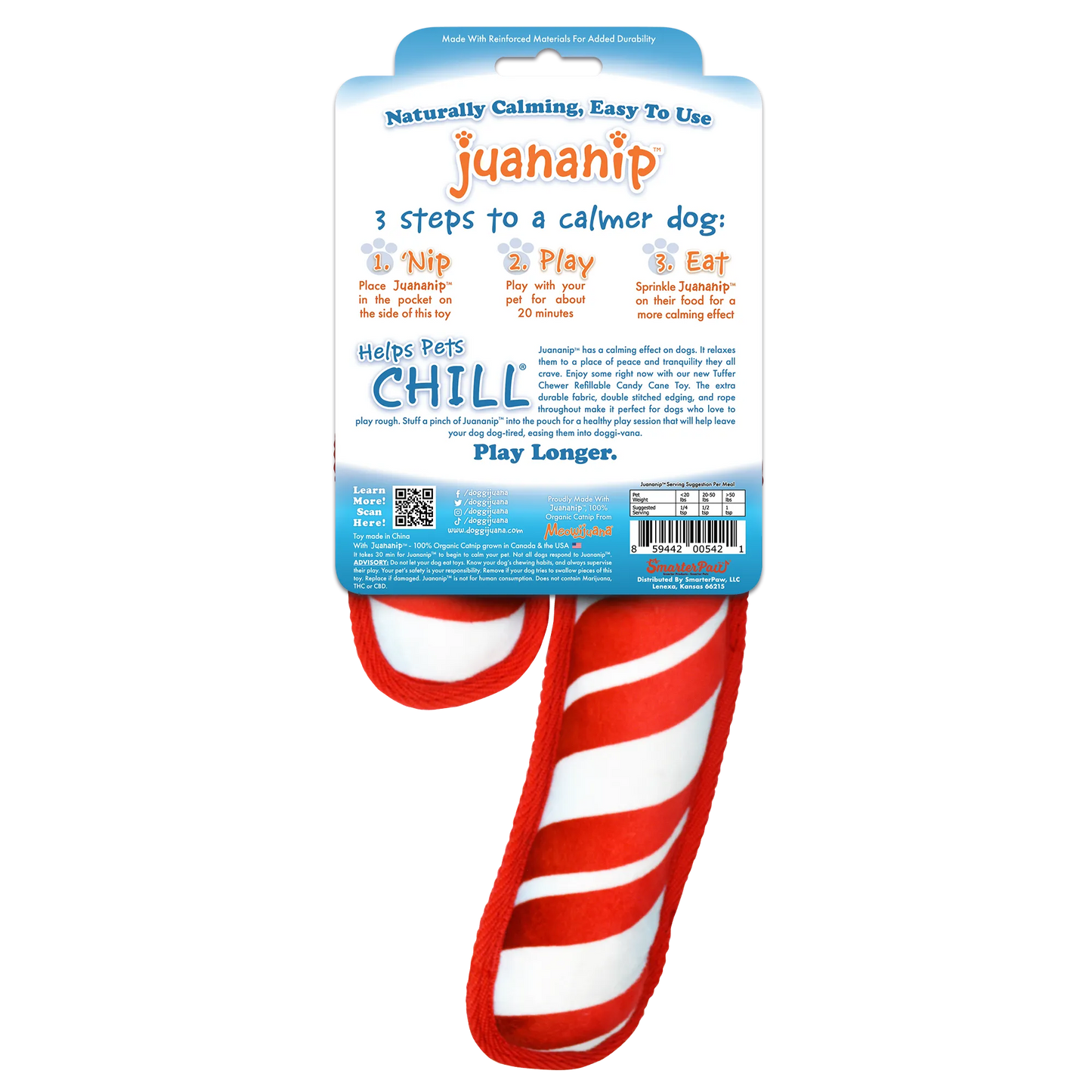 Back of the candy cane-shaped dog toy packaging, with instructions for using Juananip to calm dogs and features like durability and a refillable pocket.