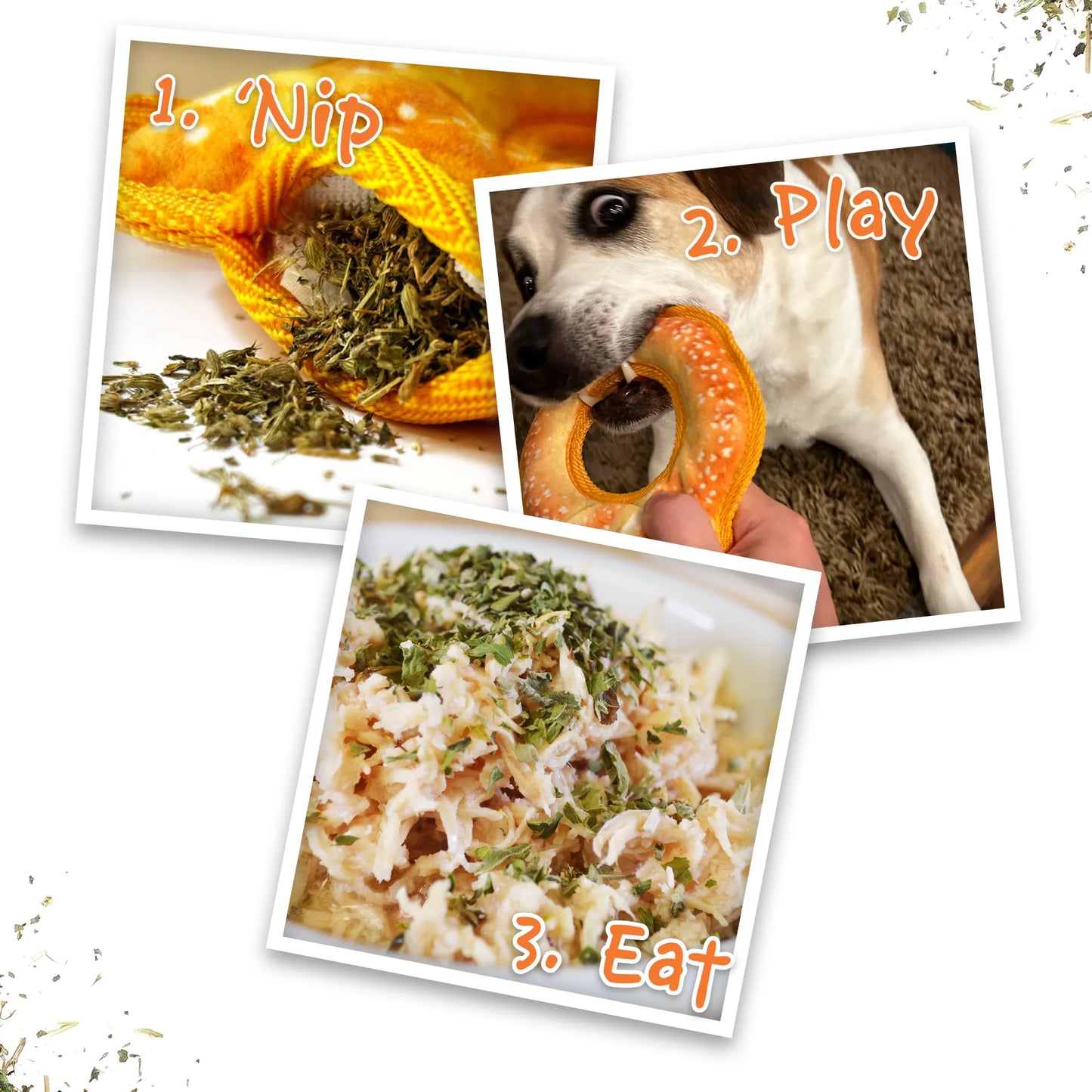 Close-up collage of the Juananip® Tuffer Chewer toy in use: filled with catnip, chewed by a dog, and sprinkled on food.