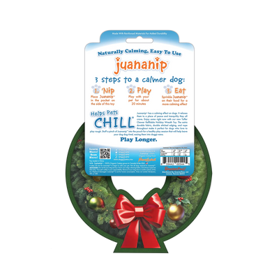 Back view of the Doggijuana Holiday Wreath packaging, detailing instructions for calming your dog with Juananip™ in three steps.