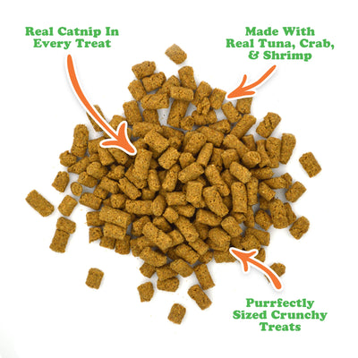 Close-up of Meowijuana Crunchie Munchies showing the crunchy cat treats, made with real catnip, tuna, crab, and shrimp.