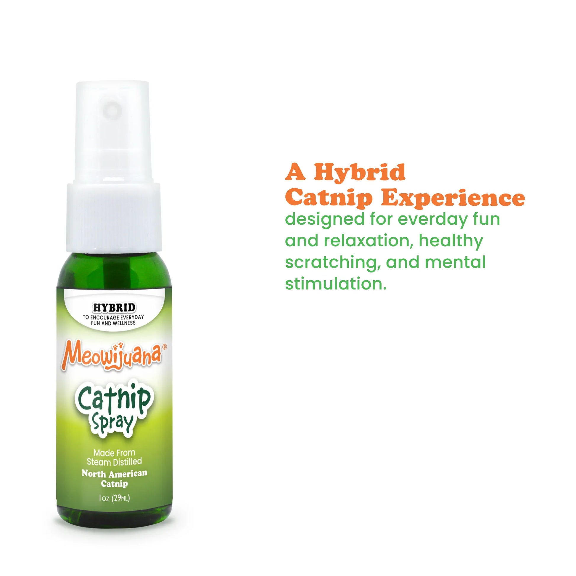 Hybrid Catnip Spray bottle with text emphasizing benefits like mental stimulation, relaxation, and healthy scratching for cats.