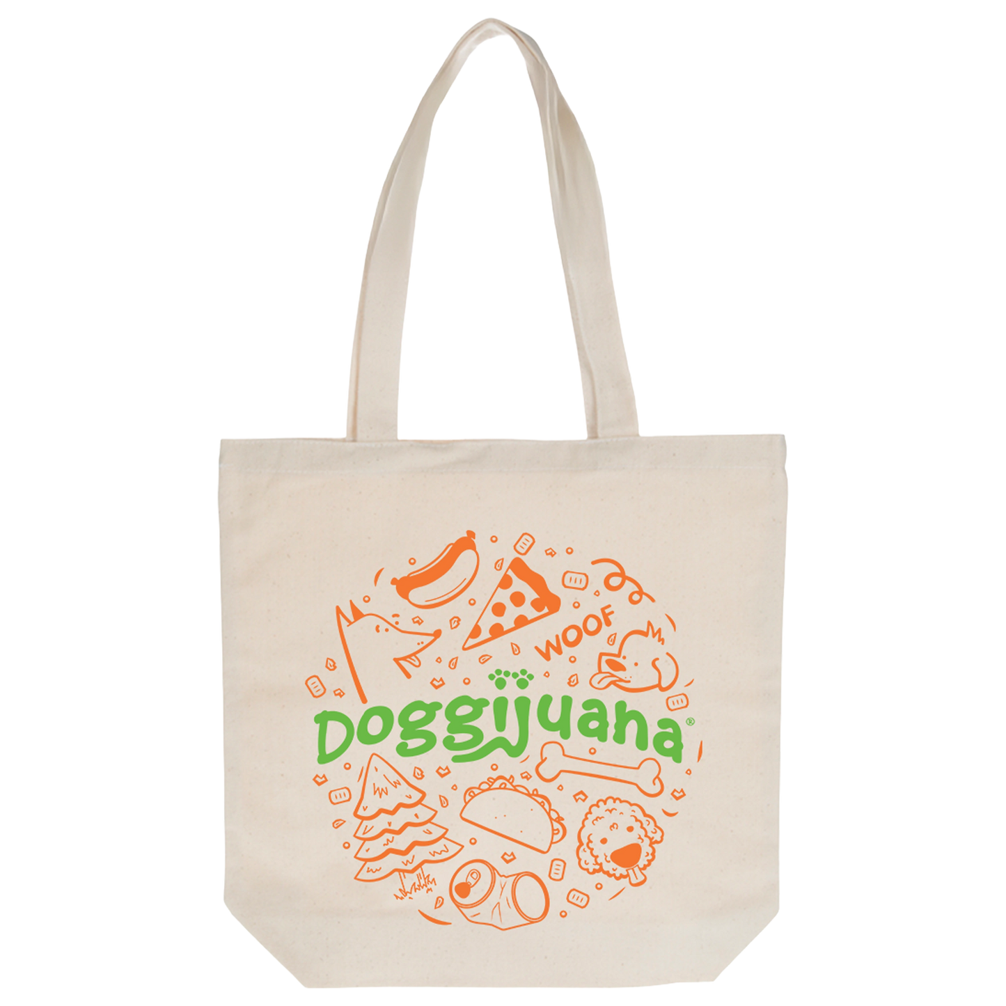 Canvas tote bag with Meowijuana design on one side and Doggijuana design on the other.