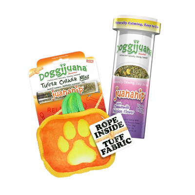 Jack-o’-Lantern dog toy with Juananip® chamomile & passion flower refill bottle.